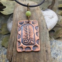 Blackthorn Tree Ogham Charm, Copper Pendant, Connemara Marble, Hand Carved, Irish Celtic Spirals, Druid Sacred Trees, Leather & Vegan Cords