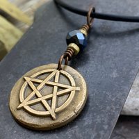 Pentagram Bronze Charm, Pentacle Pendant, Black Crystal Bead, Leather & Vegan Cords, Pagan Wicca, 5 Elements Star, Handmade, Witchy Things