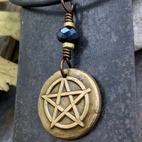 Pentagram Bronze Charm, Pentacle Pendant, Black Crystal Bead, Leather & Vegan Cords, Pagan Wicca, 5 Elements Star, Handmade, Witchy Things