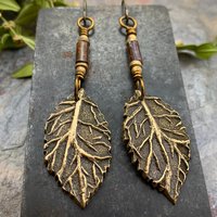 Birch Leaf Earrings, Bronze Leaves, Hand Carved Tree Branch, Czech Glass Beads, Pagan Wicca, Hypoallergenic Niobium, Soul Harbor Jewelry