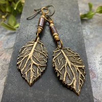 Birch Leaf Earrings, Bronze Leaves, Hand Carved Tree Branch, Czech Glass Beads, Pagan Wicca, Hypoallergenic Niobium, Soul Harbor Jewelry