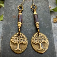 Tree of Life, Bronze Earrings, Czech Glass Beads, Hypoallergenic Ear Wires, Handmade, Art Jewelry, Wire Wrapped Beads, Oval Tree Dangles