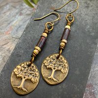 Tree of Life, Bronze Earrings, Czech Glass Beads, Hypoallergenic Ear Wires, Handmade, Art Jewelry, Wire Wrapped Beads, Oval Tree Dangles