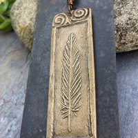 Bronze Feather Pendant, Connemara Marble, Celtic Spirals, Long Single Feather, Handmade, Art Jewelry, Long Necklace, Soul Harbor Jewelry