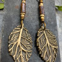 Birch Leaf Earrings, Bronze Leaves, Hand Carved Tree Branch, Czech Glass Beads, Pagan Wicca, Hypoallergenic Niobium, Soul Harbor Jewelry