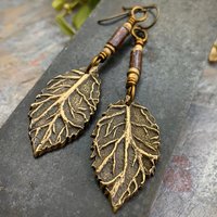 Birch Leaf Earrings, Bronze Leaves, Hand Carved Tree Branch, Czech Glass Beads, Pagan Wicca, Hypoallergenic Niobium, Soul Harbor Jewelry