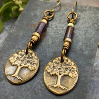 Tree of Life, Bronze Earrings, Czech Glass Beads, Hypoallergenic Ear Wires, Handmade, Art Jewelry, Wire Wrapped Beads, Oval Tree Dangles