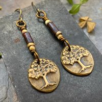 Tree of Life, Bronze Earrings, Czech Glass Beads, Hypoallergenic Ear Wires, Handmade, Art Jewelry, Wire Wrapped Beads, Oval Tree Dangles