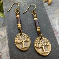 Tree of Life, Bronze Earrings, Czech Glass Beads, Hypoallergenic Ear Wires, Handmade, Art Jewelry, Wire Wrapped Beads, Oval Tree Dangles