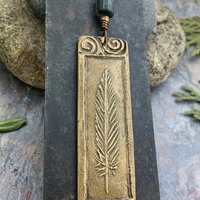 Bronze Feather Pendant, Connemara Marble, Celtic Spirals, Long Single Feather, Handmade, Art Jewelry, Long Necklace, Soul Harbor Jewelry