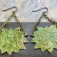 Lotus & Chain Earrings, Bronze Verdigris Patina, Large Statement Earrings, Hand Carved, Hypoallergenic Ear Wires, Handmade Art Jewelry