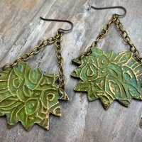 Lotus & Chain Earrings, Bronze Verdigris Patina, Large Statement Earrings, Hand Carved, Hypoallergenic Ear Wires, Handmade Art Jewelry