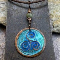 Triskele Copper Pendant, Verdigris Patina, Hand Carved, Connemara Marble, Triskelion Triple Spiral, Irish Celtic Pagan, Newgrange Ireland