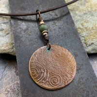 Triskele Copper Pendant, Verdigris Patina, Hand Carved, Connemara Marble, Triskelion Triple Spiral, Irish Celtic Pagan, Newgrange Ireland