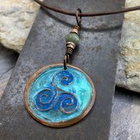 Triskele Copper Pendant, Verdigris Patina, Hand Carved, Connemara Marble, Triskelion Triple Spiral, Irish Celtic Pagan, Newgrange Ireland
