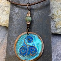 Triskele Copper Pendant, Verdigris Patina, Hand Carved, Connemara Marble, Triskelion Triple Spiral, Irish Celtic Pagan, Newgrange Ireland