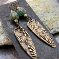 Fern Earrings, Bronze Shield Earrings, Teardrop Dangle, Botanical, Earthy Jewelry, Green Witch, Czech Glass Beads, Statement Earrings