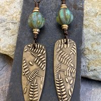 Fern Earrings, Bronze Shield Earrings, Teardrop Dangle, Botanical, Earthy Jewelry, Green Witch, Czech Glass Beads, Statement Earrings