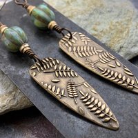Fern Earrings, Bronze Shield Earrings, Teardrop Dangle, Botanical, Earthy Jewelry, Green Witch, Czech Glass Beads, Statement Earrings