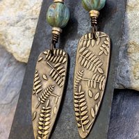 Fern Earrings, Bronze Shield Earrings, Teardrop Dangle, Botanical, Earthy Jewelry, Green Witch, Czech Glass Beads, Statement Earrings