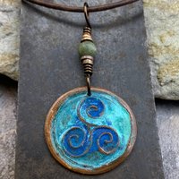 Triskele Copper Pendant, Verdigris Patina, Hand Carved, Connemara Marble, Triskelion Triple Spiral, Irish Celtic Pagan, Newgrange Ireland
