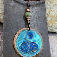 Triskele Copper Pendant, Verdigris Patina, Hand Carved, Connemara Marble, Triskelion Triple Spiral, Irish Celtic Pagan, Newgrange Ireland