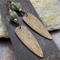Fern Earrings, Bronze Shield Earrings, Teardrop Dangle, Botanical, Earthy Jewelry, Green Witch, Czech Glass Beads, Statement Earrings