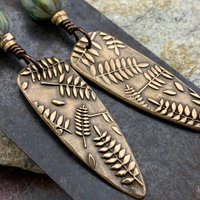 Fern Earrings, Bronze Shield Earrings, Teardrop Dangle, Botanical, Earthy Jewelry, Green Witch, Czech Glass Beads, Statement Earrings