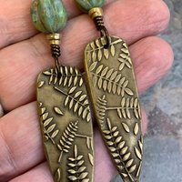 Fern Earrings, Bronze Shield Earrings, Teardrop Dangle, Botanical, Earthy Jewelry, Green Witch, Czech Glass Beads, Statement Earrings