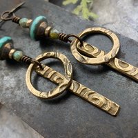 Bronze Hoop Earrings, Skinny Stick Earrings, Czech Glass Beads, Celtic Spirals, Bronze & Turquoise, Boho Earthy Art Jewelry, Handmade