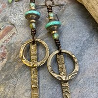 Bronze Hoop Earrings, Skinny Stick Earrings, Czech Glass Beads, Celtic Spirals, Bronze & Turquoise, Boho Earthy Art Jewelry, Handmade