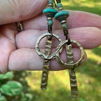 Bronze Hoop Earrings, Skinny Stick Earrings, Czech Glass Beads, Celtic Spirals, Bronze & Turquoise, Boho Earthy Art Jewelry, Handmade