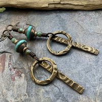 Bronze Hoop Earrings, Skinny Stick Earrings, Czech Glass Beads, Celtic Spirals, Bronze & Turquoise, Boho Earthy Art Jewelry, Handmade