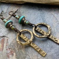 Bronze Hoop Earrings, Skinny Stick Earrings, Czech Glass Beads, Celtic Spirals, Bronze & Turquoise, Boho Earthy Art Jewelry, Handmade