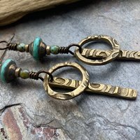 Bronze Hoop Earrings, Skinny Stick Earrings, Czech Glass Beads, Celtic Spirals, Bronze & Turquoise, Boho Earthy Art Jewelry, Handmade