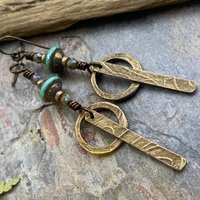 Bronze Hoop Earrings, Skinny Stick Earrings, Czech Glass Beads, Celtic Spirals, Bronze & Turquoise, Boho Earthy Art Jewelry, Handmade