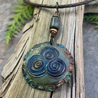 Newgrange Spirals, Copper Pendant, Connemara Marble, Triple Spiral, Irish Celtic Jewelry, Verdigris Patina, Blue Green Copper, Pagan Witch