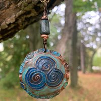 Newgrange Spirals, Copper Pendant, Connemara Marble, Triple Spiral, Irish Celtic Jewelry, Verdigris Patina, Blue Green Copper, Pagan Witch
