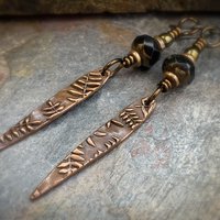 Fern Copper Earrings, Teardrop Dagger, Hypoallergenic Ear Wires, Black Czech Glass Beads, Botanical Jewelry, Light Earrings, Green Witch