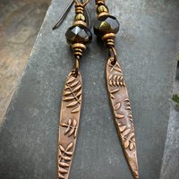 Fern Copper Earrings, Teardrop Dagger, Hypoallergenic Ear Wires, Black Czech Glass Beads, Botanical Jewelry, Light Earrings, Green Witch