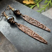 Fern Copper Earrings, Teardrop Dagger, Hypoallergenic Ear Wires, Black Czech Glass Beads, Botanical Jewelry, Light Earrings, Green Witch