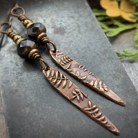 Fern Copper Earrings, Teardrop Dagger, Hypoallergenic Ear Wires, Black Czech Glass Beads, Botanical Jewelry, Light Earrings, Green Witch