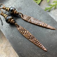 Fern Copper Earrings, Teardrop Dagger, Hypoallergenic Ear Wires, Black Czech Glass Beads, Botanical Jewelry, Light Earrings, Green Witch