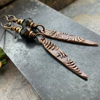 Fern Copper Earrings, Teardrop Dagger, Hypoallergenic Ear Wires, Black Czech Glass Beads, Botanical Jewelry, Light Earrings, Green Witch