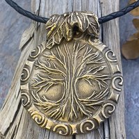 Celtic Tree of Life, Bronze Pendant, Irish Celtic Spirals, Round Tree of Life, Crann Bethadh, Hand Carved, Green Witch, Leather & Vegan Cord