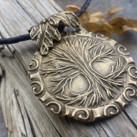 Celtic Tree of Life, Bronze Pendant, Irish Celtic Spirals, Round Tree of Life, Crann Bethadh, Hand Carved, Green Witch, Leather & Vegan Cord