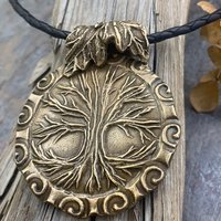 Celtic Tree of Life, Bronze Pendant, Irish Celtic Spirals, Round Tree of Life, Crann Bethadh, Hand Carved, Green Witch, Leather & Vegan Cord