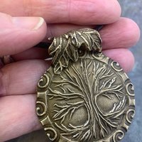Celtic Tree of Life, Bronze Pendant, Irish Celtic Spirals, Round Tree of Life, Crann Bethadh, Hand Carved, Green Witch, Leather & Vegan Cord