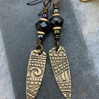 Bronze Dagger Earrings, Tribal Spiral Texture, Czech Glass Beads, Hypoallergenic Ear Wires, Light Dangle Earrings, Teardrop Shield, Handmade