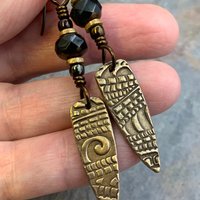Bronze Dagger Earrings, Tribal Spiral Texture, Czech Glass Beads, Hypoallergenic Ear Wires, Light Dangle Earrings, Teardrop Shield, Handmade